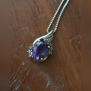 Genuine Amethyst Pendant Necklace 2 Tone With Crystal Accents